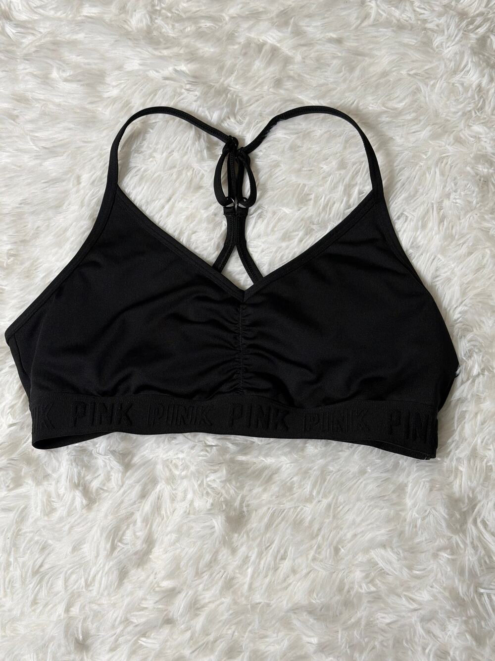 PINK Victoria’s Secret Black Racerback Sports Bra Ruched Front Logo Band Women M